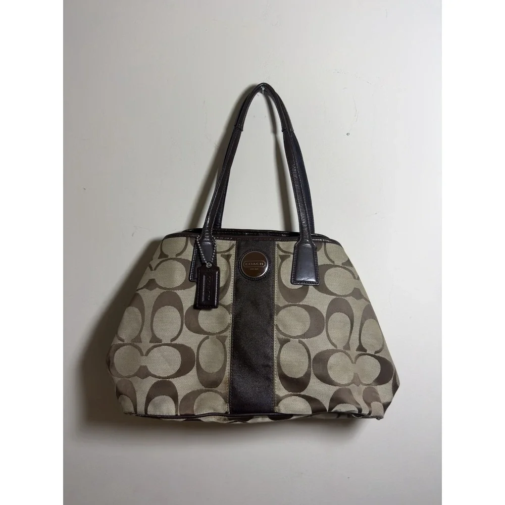 Vintage Coach Signature Stripe Framed Carryall Bag Y2K Kiss-Lock Satchel F13533